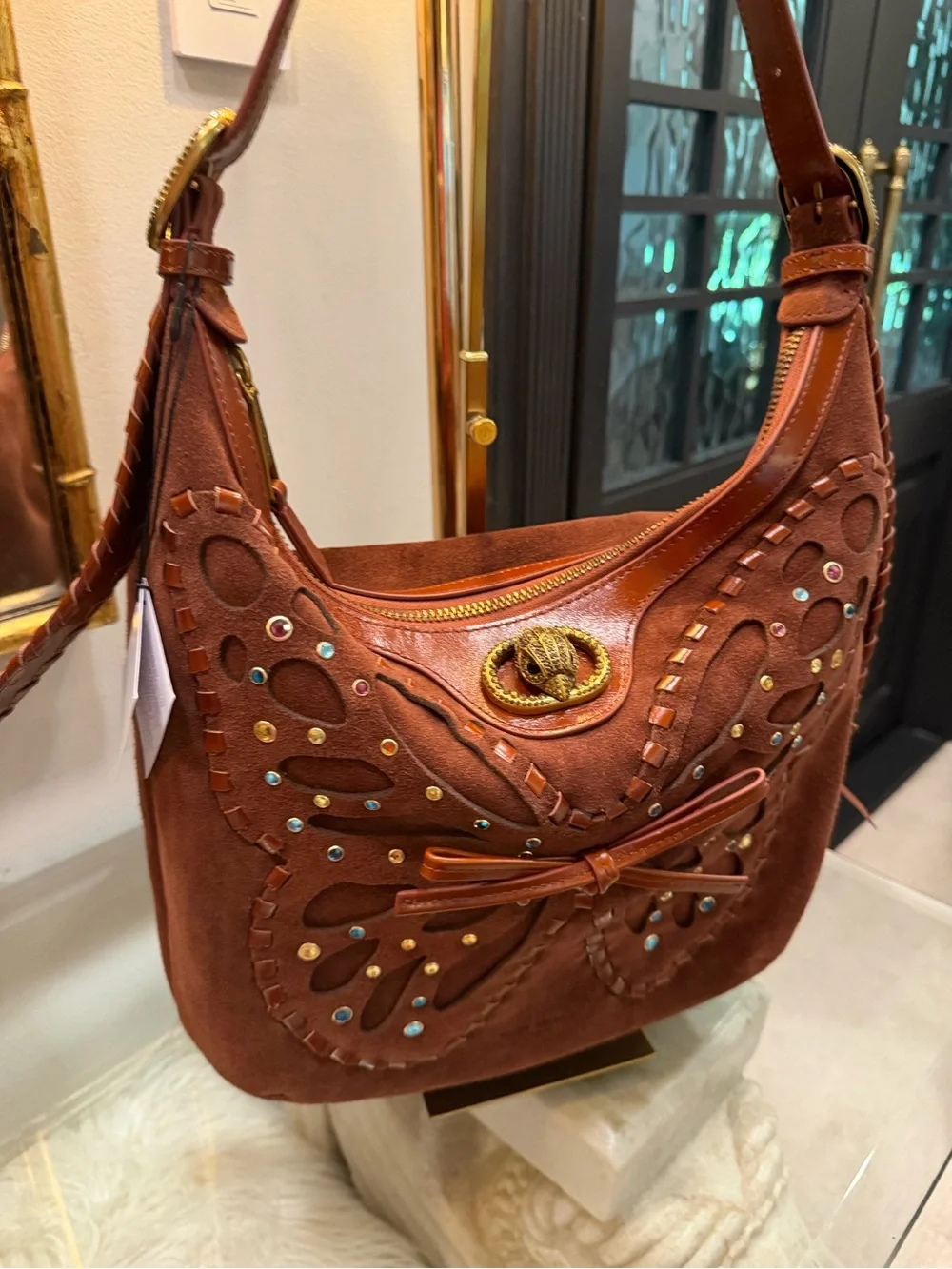 Kurt Geiger NWT Chelsea Suede Studded Butterfly Hobo Shoulder Bag in Brown